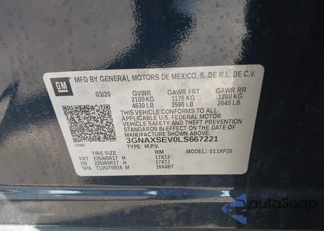 2020 Chevrolet Equinox Awd Ls из США, поврежденный, VIN 3GNAXSEV0LS667221